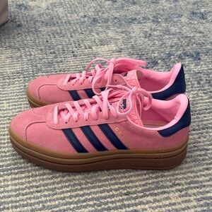 Adidas Pink Suede Gazelles with Navy Stripes and Gum Sole